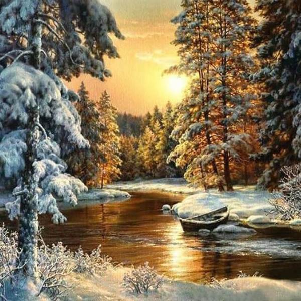 Sunset  in Snowing Forest - DIY Painting By Numbers