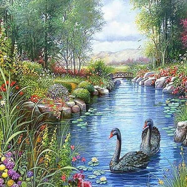 Swans in Forest Lake - DIY Diamond Painting