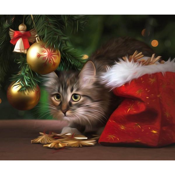 Kitten under the Christmas Tree - DIY Diamond Painting